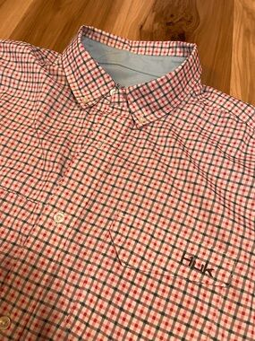 Huk Performance Fishing Shirt Men’s XL Plaid Pink Gray Vented Tee Button Polo